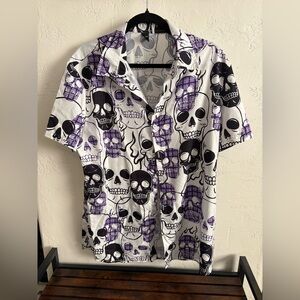 ROMWE Skull Print Button-Up Shirt | Black White Purple | Size L